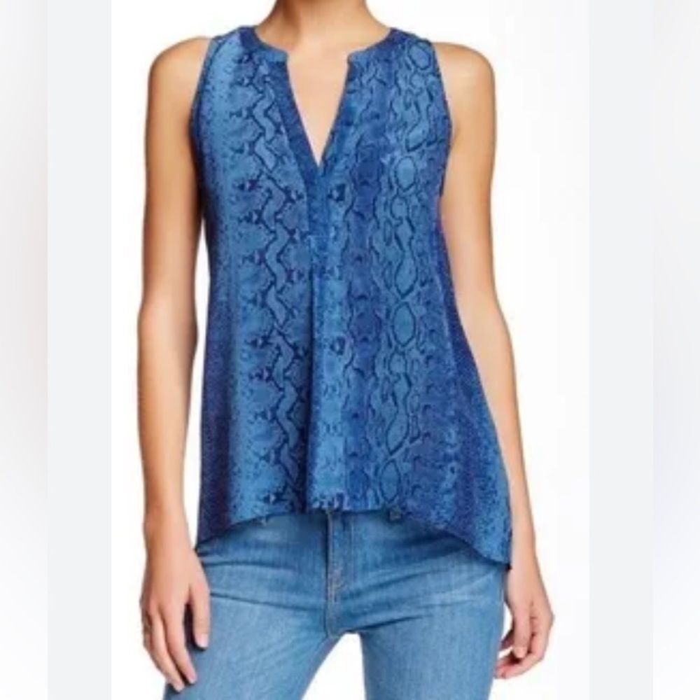 Joie Aruna 100% Silk Reptile Print in Blue Hues V Neck Oversized Flowy Top SZ S